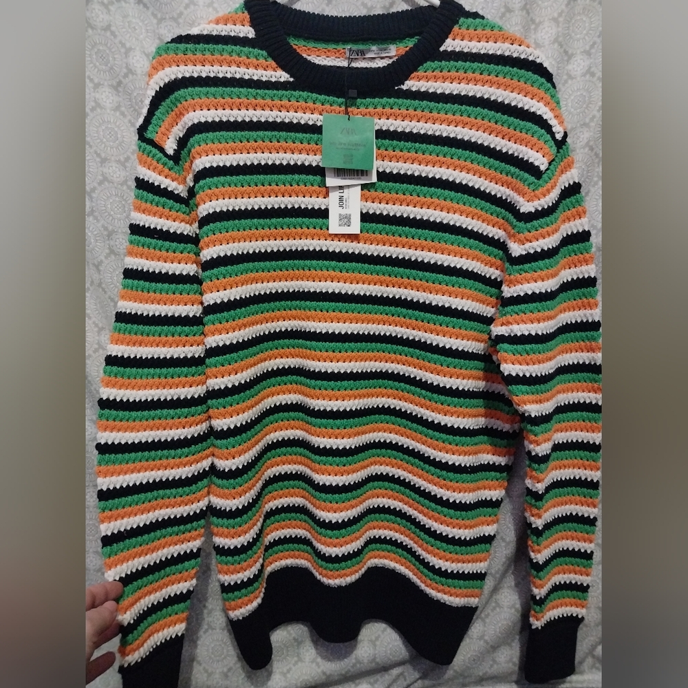 NEW! ZARA Crocheted Sweater Size M Striped Multicolor Pullover
